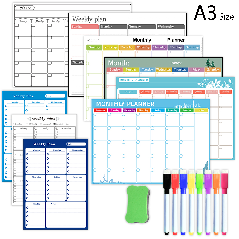 Magnetic Calendar Board - 磁気ウィークリーマンスリープランナーカレンダーテーブルドライイレースホワイトボード冷蔵庫ステッカーメッセージボードA3サイズ