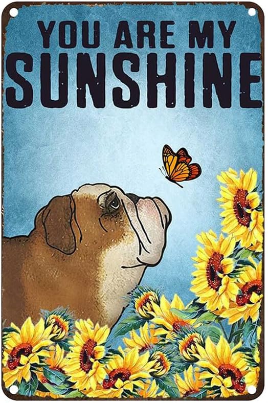 English Home Office - ヴィンテージメタルティンサイン イングリッシュブルドッグ 蝶 花 あなたは私の太陽 犬好きさん向けサイン