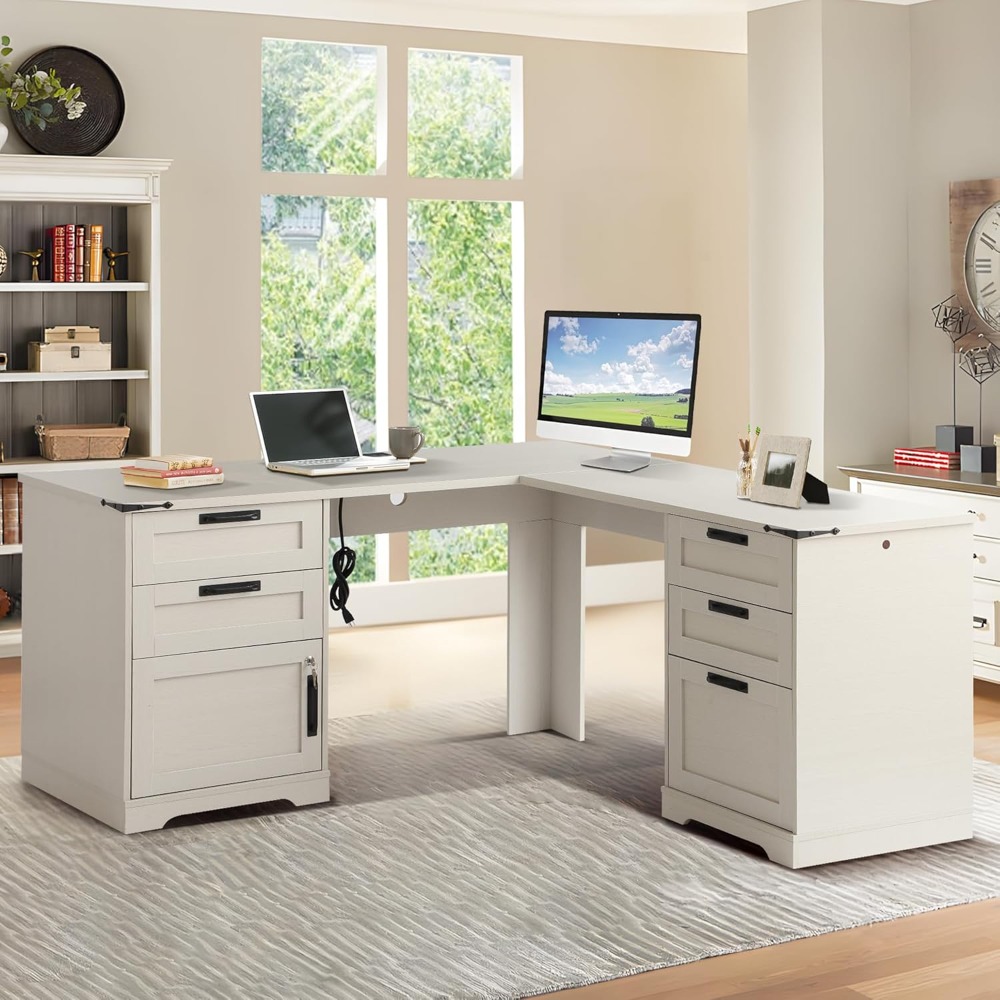 Desk Charging Station - 60インチのL字型エグゼクティブデスク（引き出し付き）、ファームハウススタイルのホームオフィスデスク（充電ステーション付き）