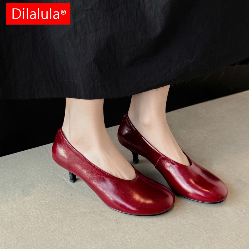 Home Office Makeover - Dilalula 2026 プラスサイズ本革レディースシングルシューズハイヒールラウンドトゥオフィスレディコンフォートレザーパーティードレスシューズレッド
