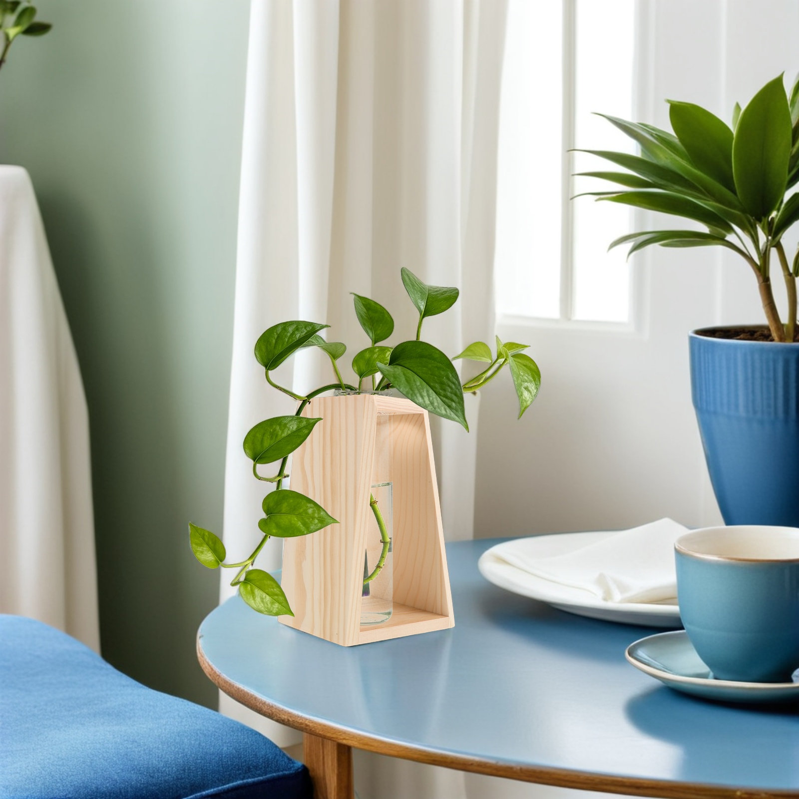 Home Office With Plants - シングルスロット水耕栽培植物ガラス容器木製スタンド安定した木製ベース花瓶繁殖ステーションホームオフィスフラワー用