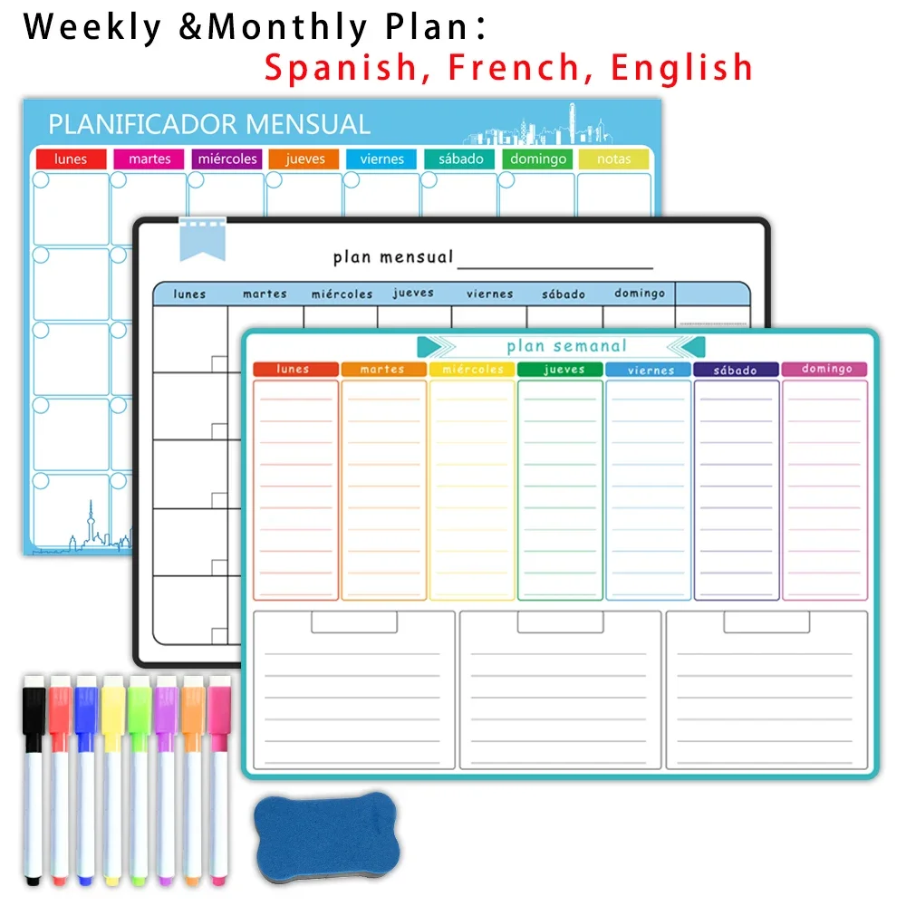 Magnetic Calendar Board - A3サイズ マグネット式ウィークリー＆マンスリープランナー：スペイン語、フランス語、英語。ドライイレースホワイトボード冷蔵庫ステッカーカレンダー