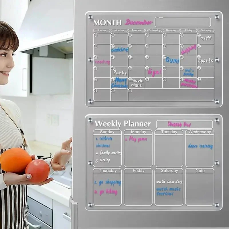 Magnetic Calendar Board - 冷蔵庫マグネットステッカー透明アクリルカレンダーウィークリープランナー磁気スケジュール再利用可能なボード冷蔵庫メッセージメニューガジェット