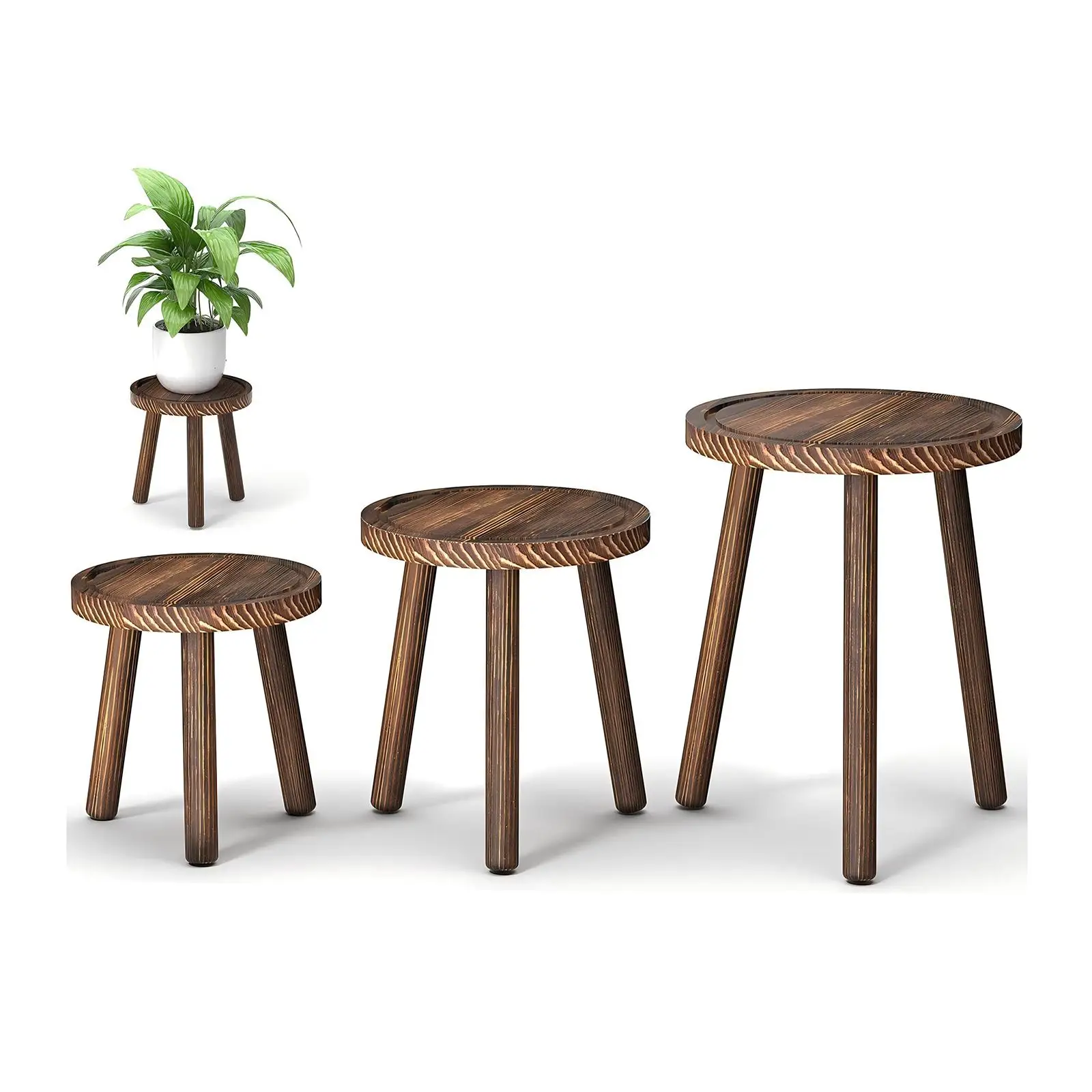 Home Office With Plants - 3個セット 木製植物スタンド 室内用背の高い植木鉢ホルダー ディスプレイラック ミッドセンチュリーモダン 木製植物スツール