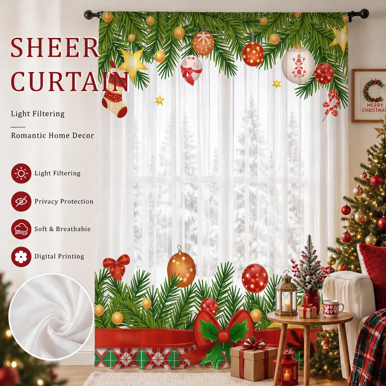 Home Office With Plants - クリスマスデーグラデーションシアーカーテン、高品質遮光プライバシーボイル、リビング/寝室/子供部屋用、母の日ギフト