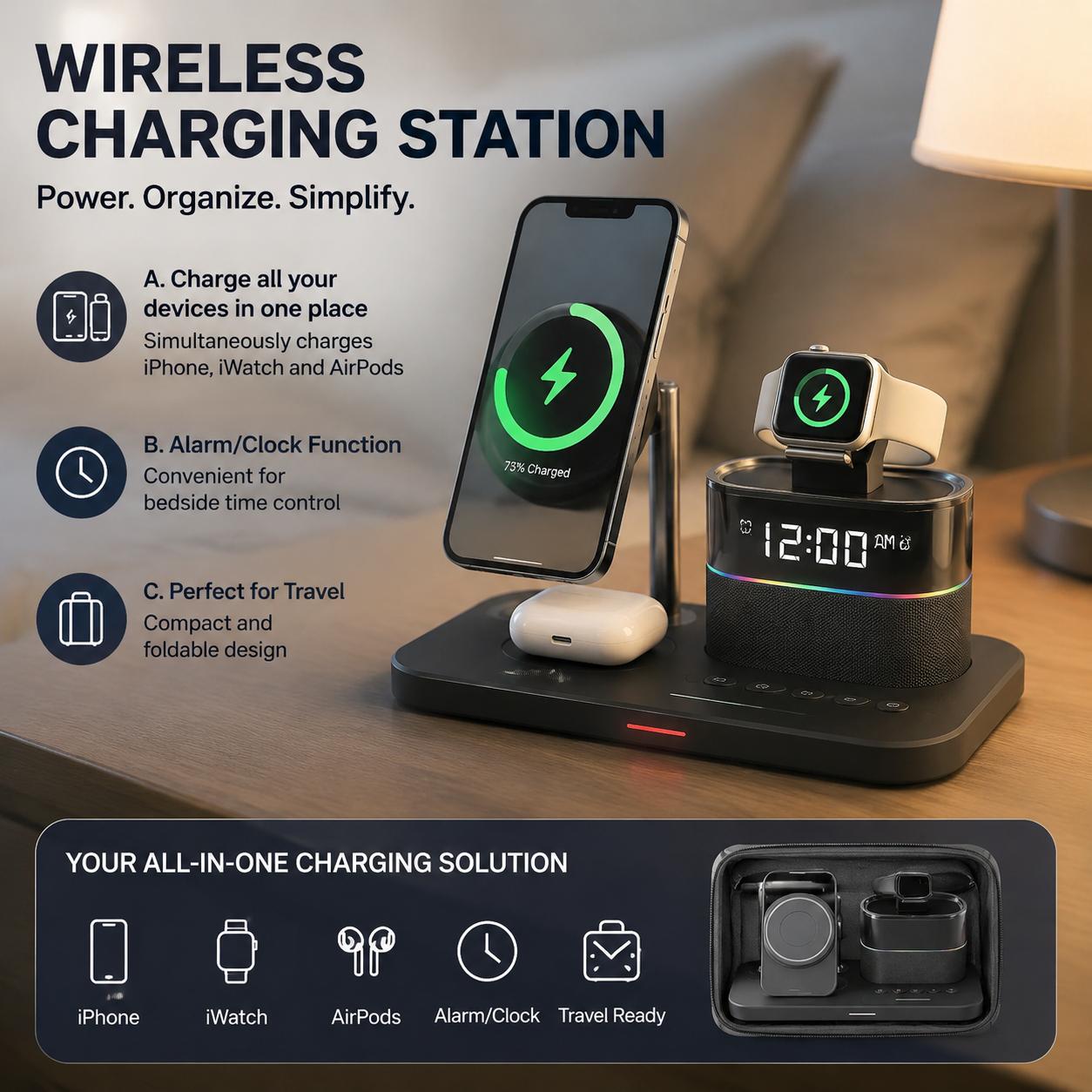 Desk Charging Station - iPhoneシリーズ12、13、14、15、16、17、Apple Watch Ultra 8、7、6、5、イヤホン用マグネティックワイヤレス充電ステーション。デスク、自宅、オフィス、旅行に最適なマルチデバイス充電パッド。携帯電話用15W急速充電、ウェアラブル機器用5W充電に対応。360度回転デスクスタンド。