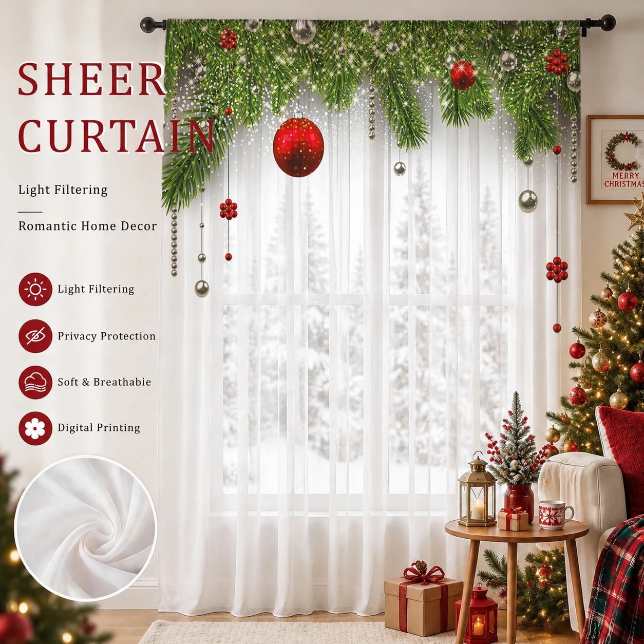 クリスマスグラデーションシアーカーテン、高品質遮光プライバシ - Home Office With Plants のレビューと価格