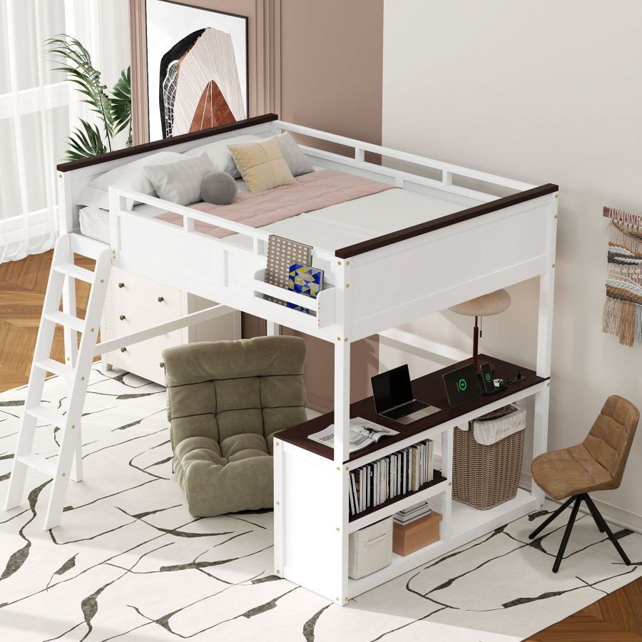 クイーンサイズのロフトベッド、デスク、オープンシェルフ、収納 - Desk Charging Station のレビューと価格