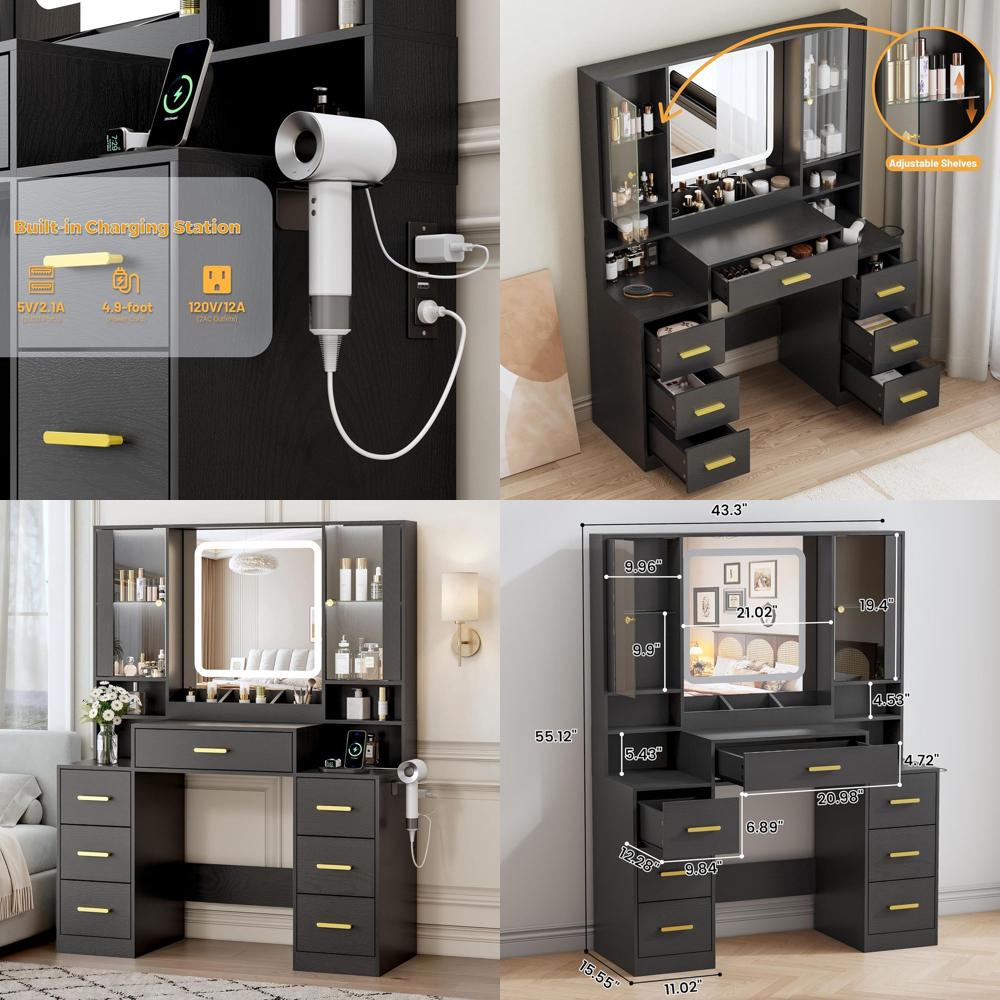 7つの引き出し、2つのガラスキャビネット、ミラー、ライト、充 - Desk Charging Station のレビューと価格