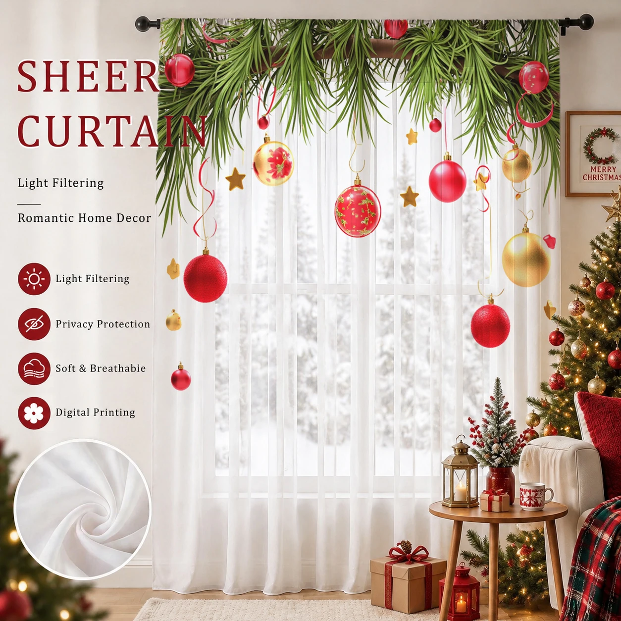 クリスマスグラデーションシアーカーテン、高品質遮光プライバシ - Home Office With Plants のレビューと価格
