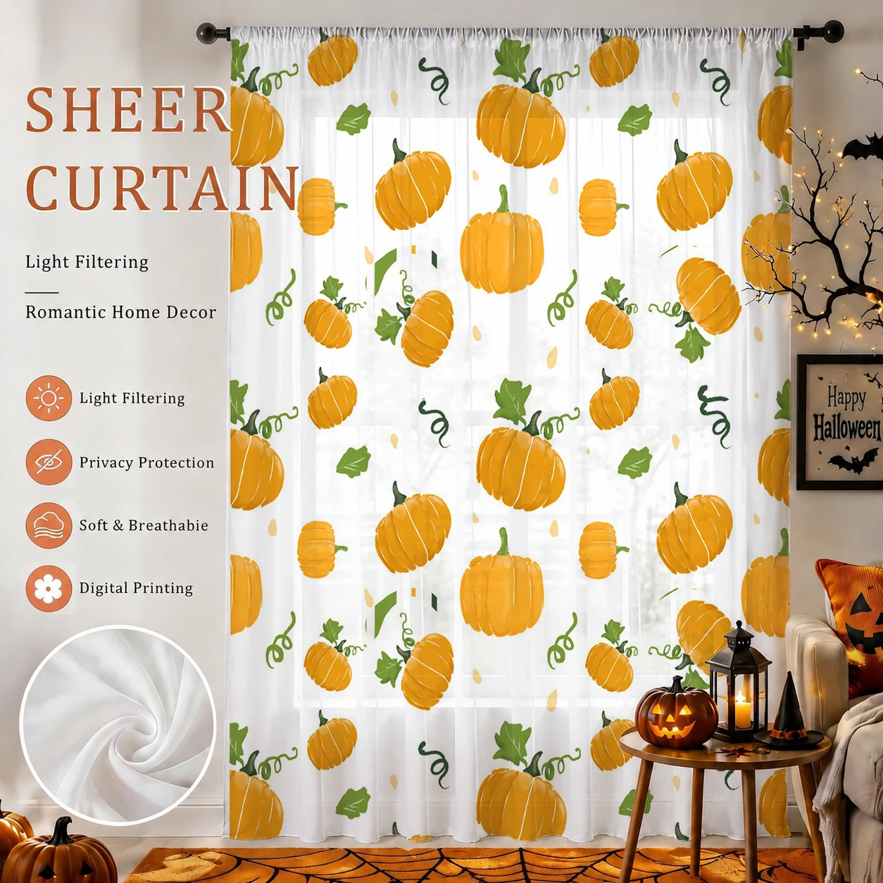 ハロウィン用シアーカーテン ロッドポケット付き ハロウィンギ - Home Office With Plants のレビューと価格