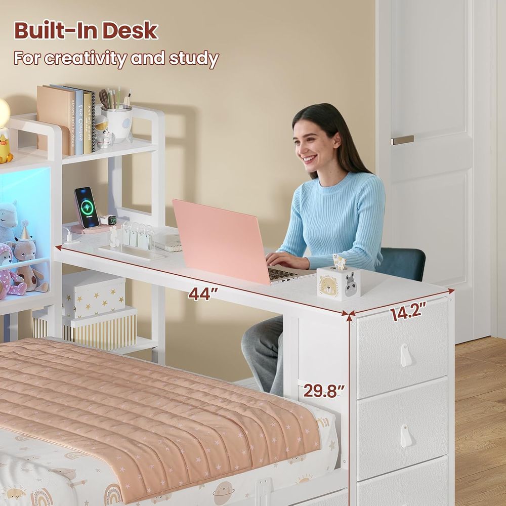 ADORNEVE ツインベッド（机、7つの収納棚、本棚付き） - Desk Charging Station のレビューと価格